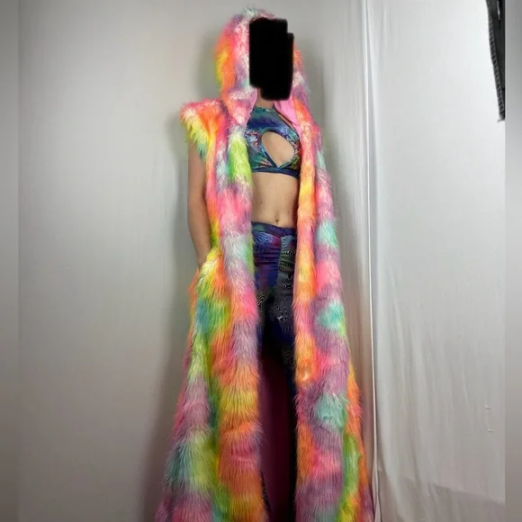 LONG Fur LED Glowing Light Up Coat Burning Man Rave Festival Rainbow Pastel EDC - Picture 4 of 16